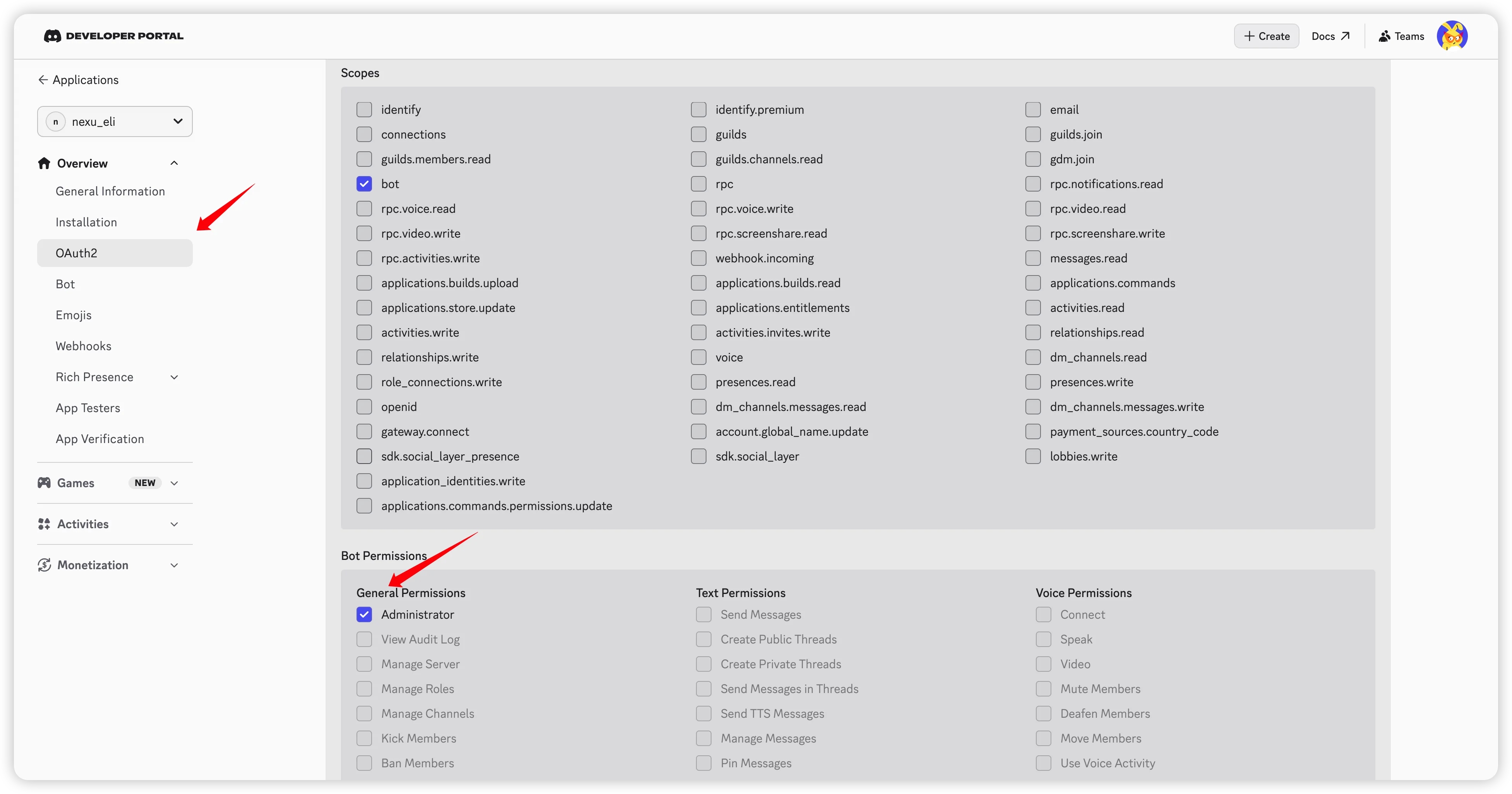 Select Scopes & Bot Permissions
