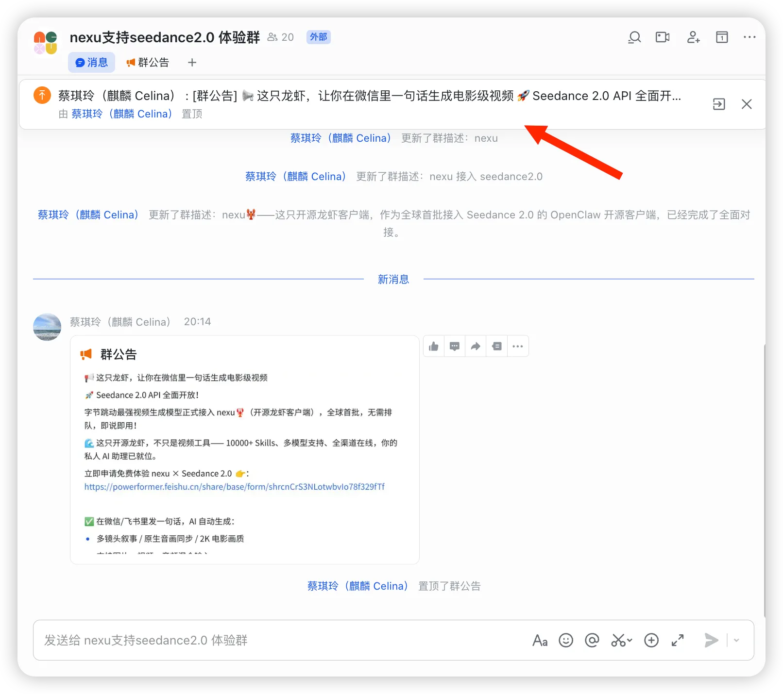 进入群聊后查看置顶消息并填写问卷